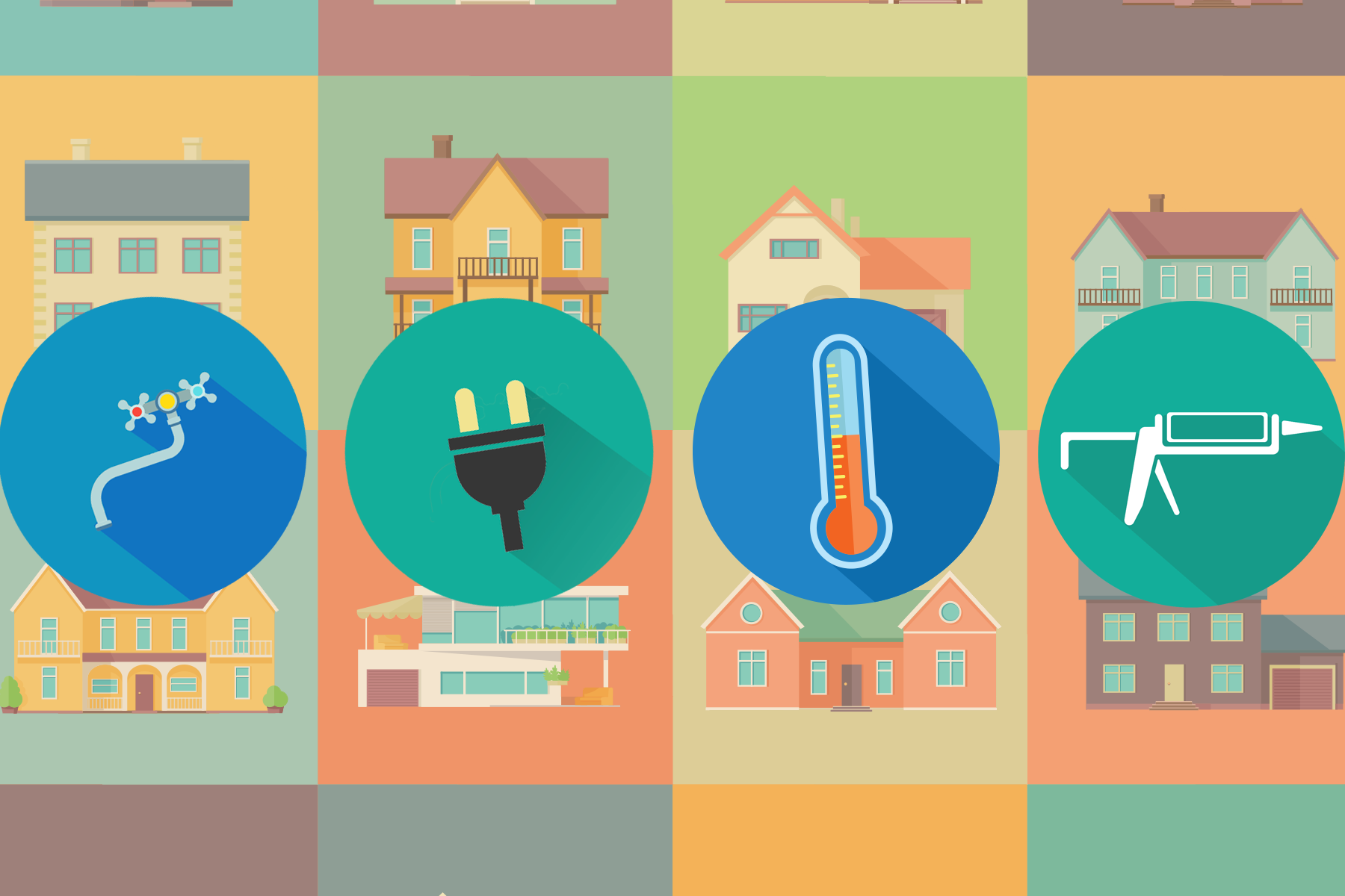 colorful icons including a temperature gauge, electrical plug, and other household items with homes in the background