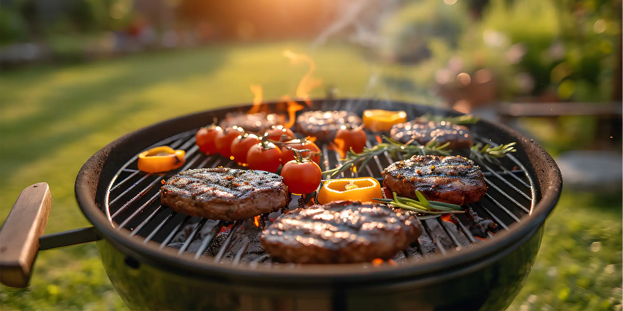 charcoal grill cooking steak tomatoes and yellow peppers in grassy yard at sunset