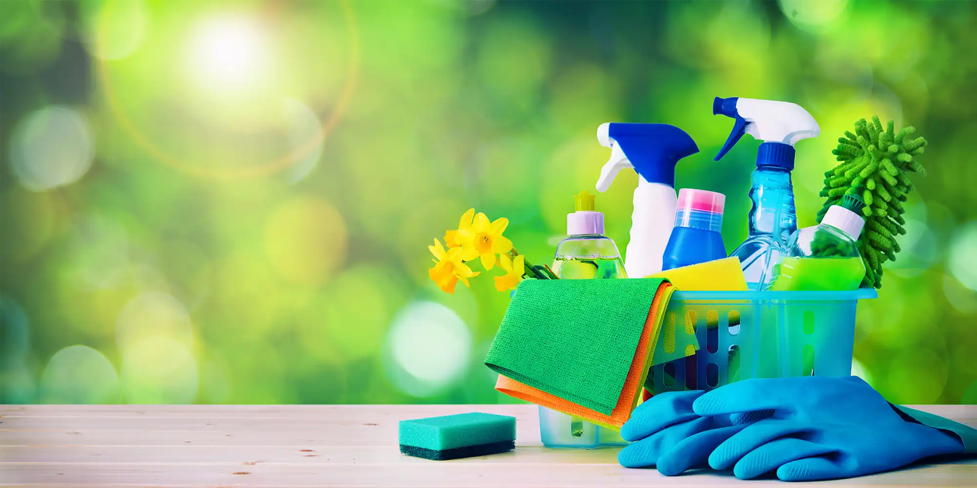bucket of colorful cleaning supplies with daffodils and green color in background