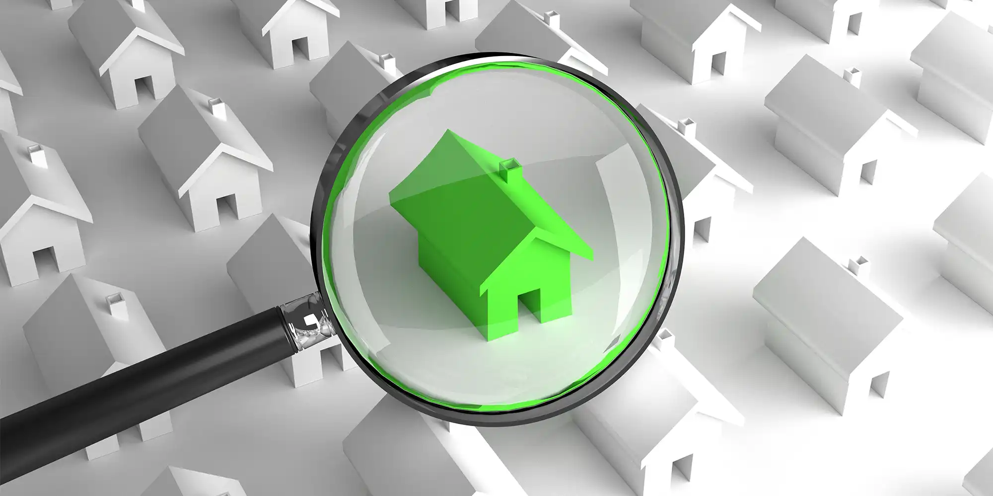 many rows of white model homes with lime green one in center being inspected by magnifying glass