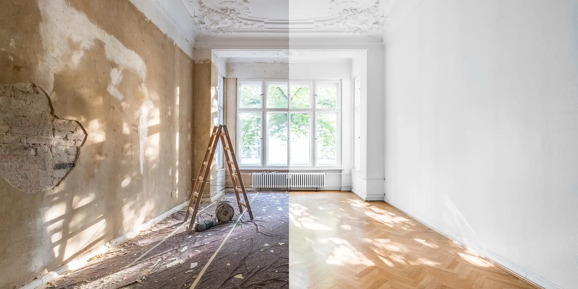 split image of old room in need of restoration on the left and the restored room with white paint and oak flooring on the right