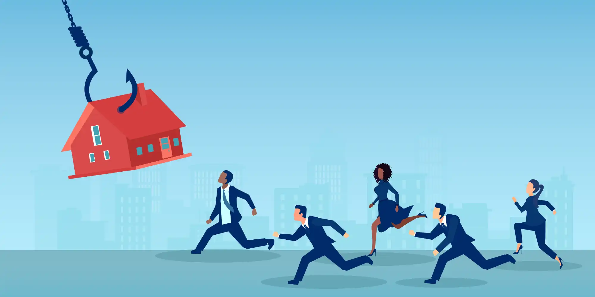 illustration of diverse men and women in business clothes running after red home on a large fishing hook