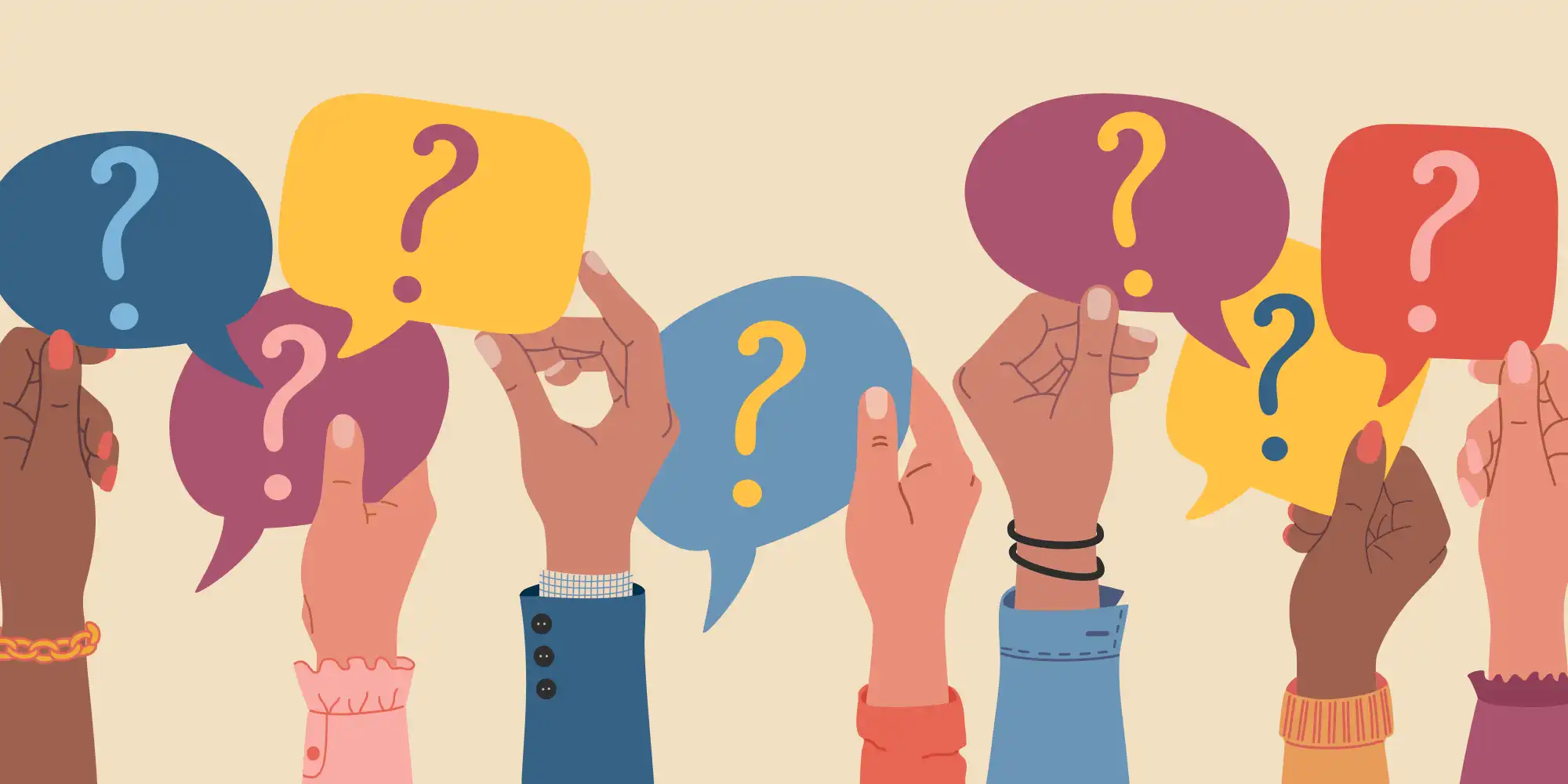 row of hands with various skin colors holding up question mark bubbles