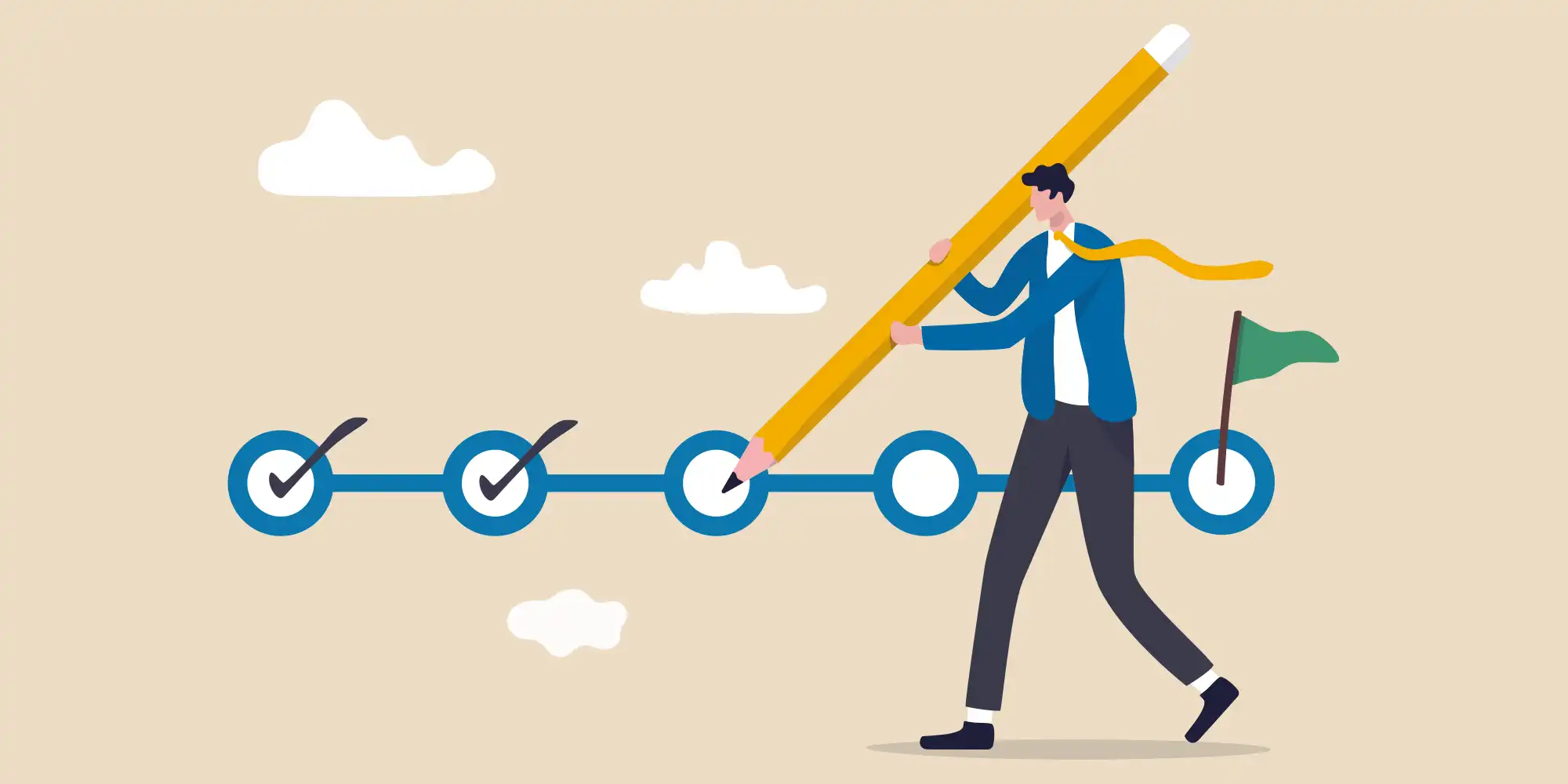 illustration of man wearing blue jacket checking off horizontal list of items