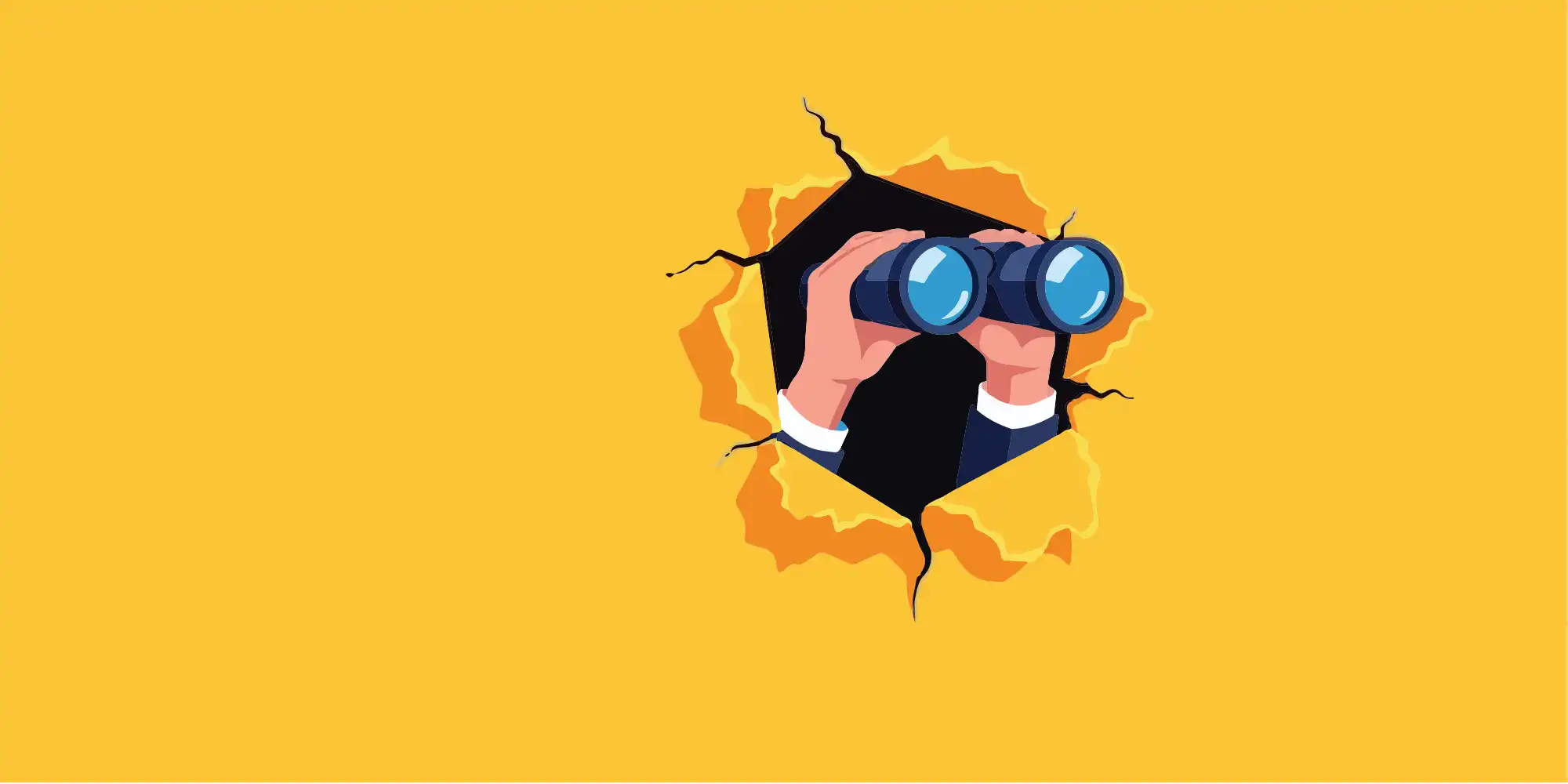 illustration of caucasian man in suit looking through gap in yellow paper with binoculars