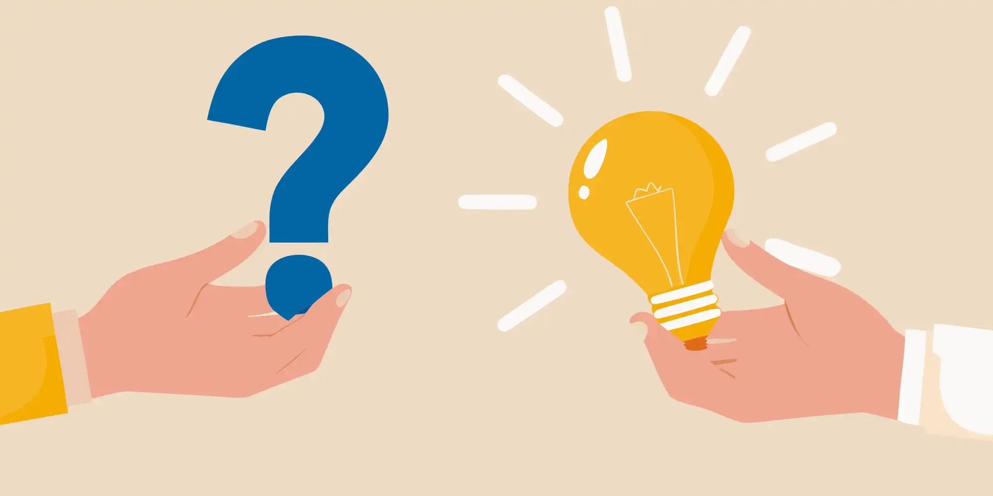 illustration of hand holding a blue question mark and another hand holding a yellow lightbulb on tan background