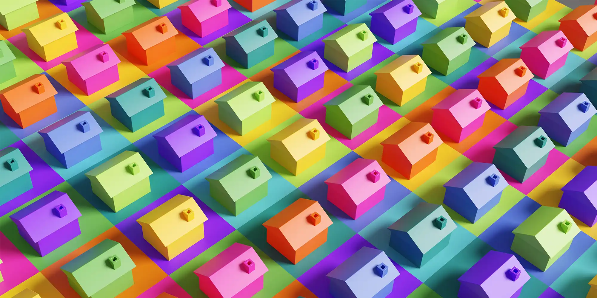 multiple rows of colorful plastic homes on a colorful grid