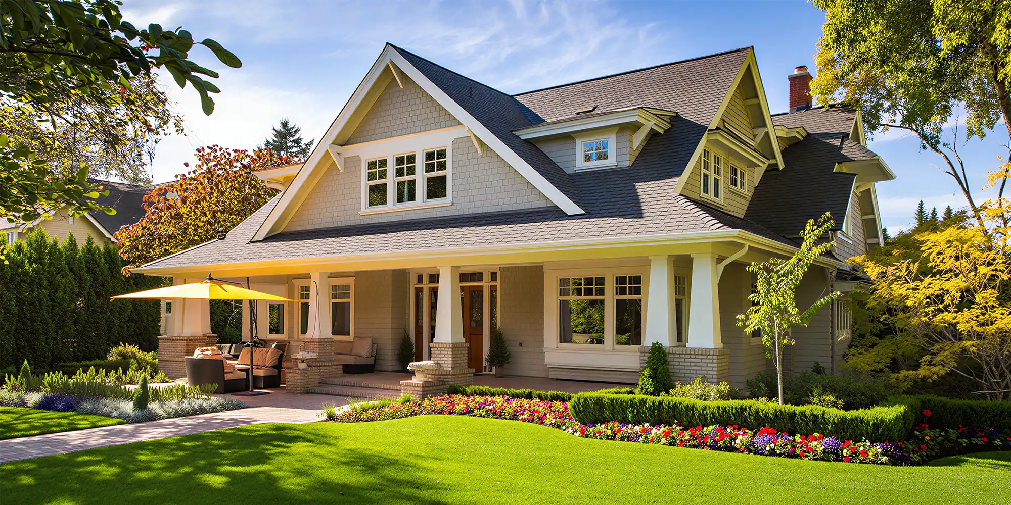 two story craftsman home with large porch and a well manicured yard with grass and flowers during spring